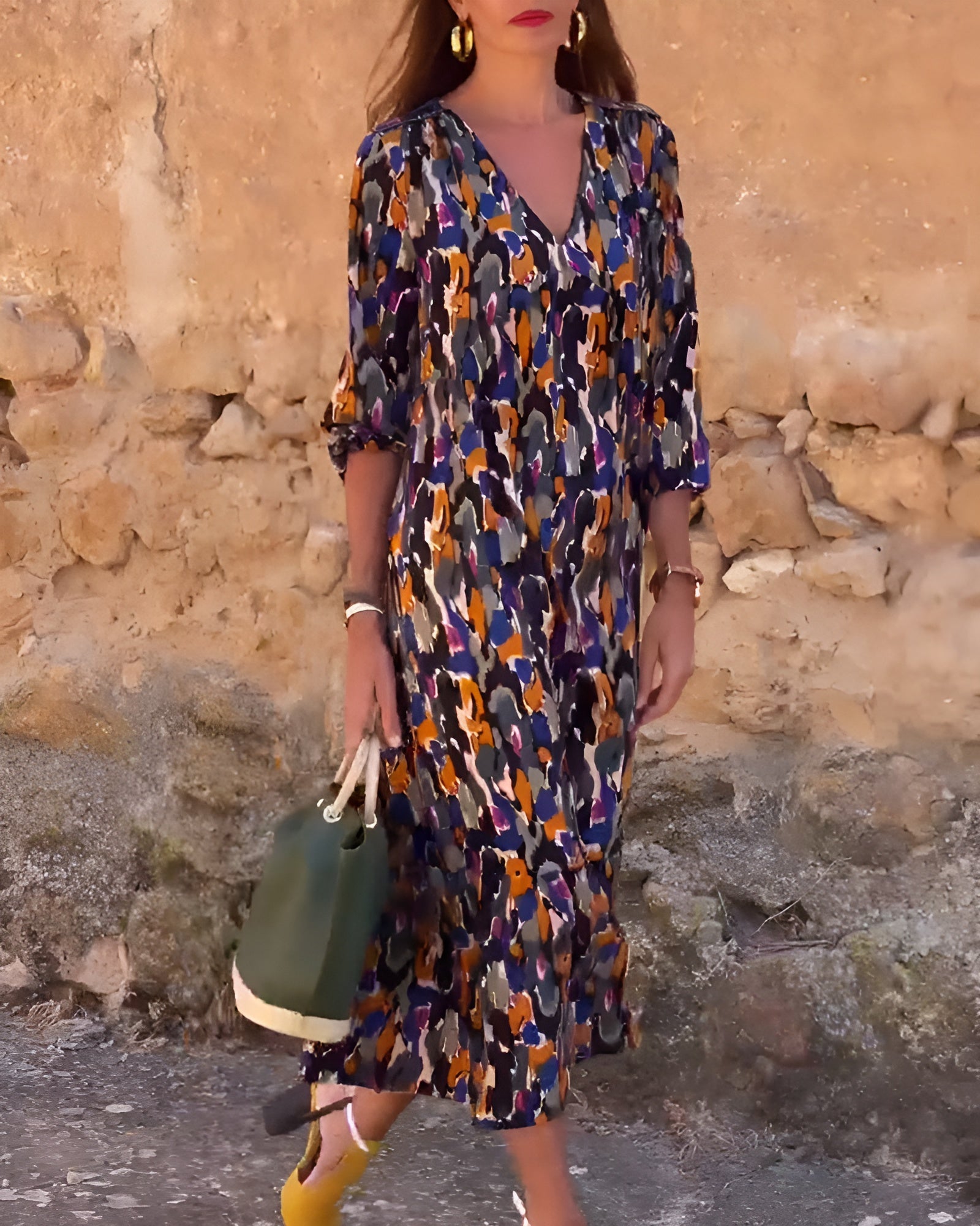 Nathalie | Robe col V imprimé rétro