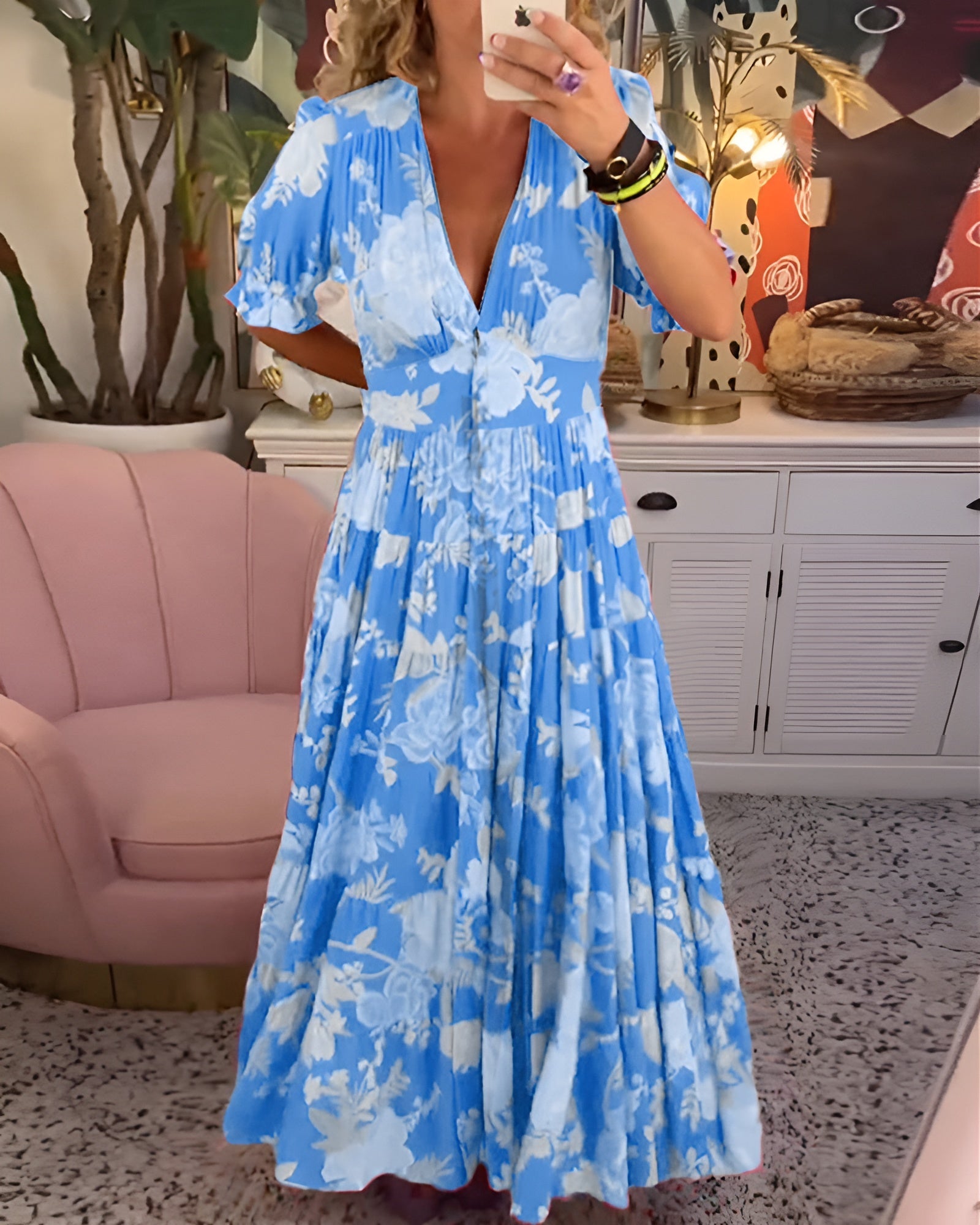 Carine | Robe à poche col V imprimé fleuri
